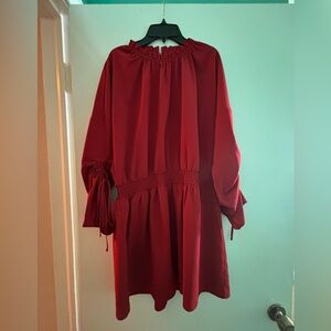 Pinch Red Ruched Mini Sundress with Bishop Sleeves